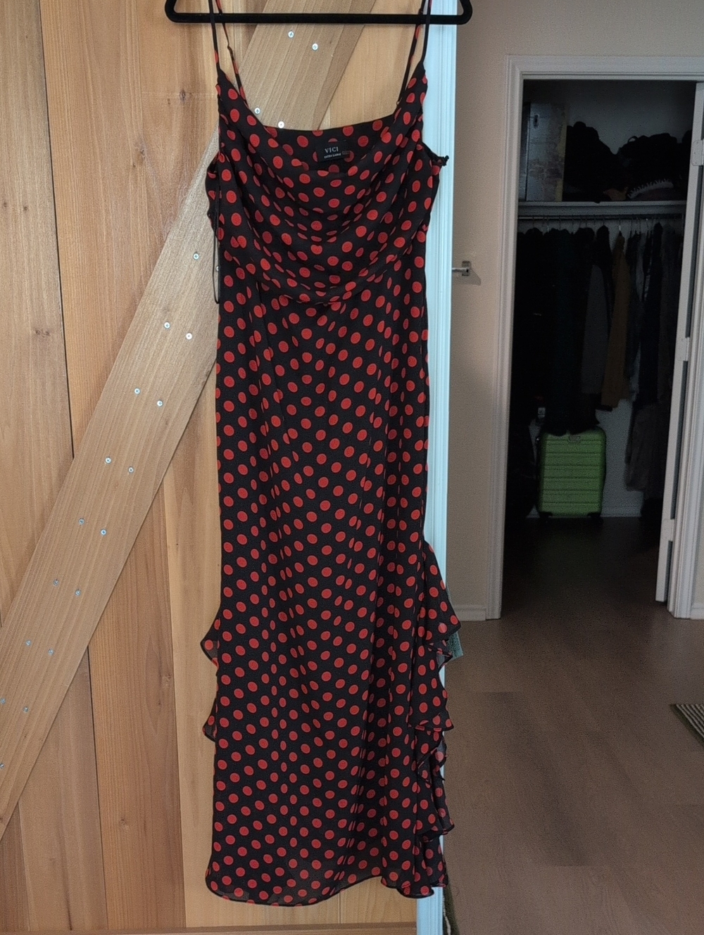 VICI Black Midi Slip Dress with Red Polka Dots
